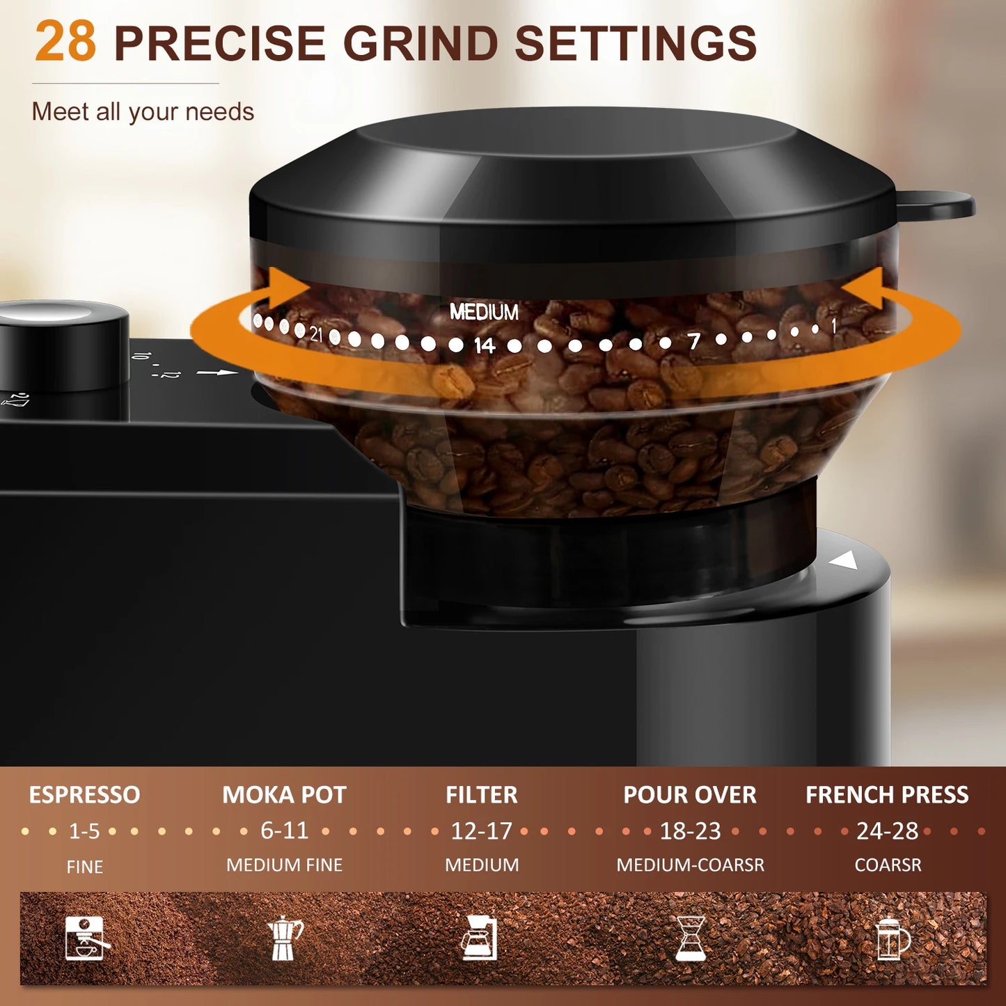 Automatic Burr Coffee Grinder – 28 Adjustable Settings for Espresso, French Press & Drip