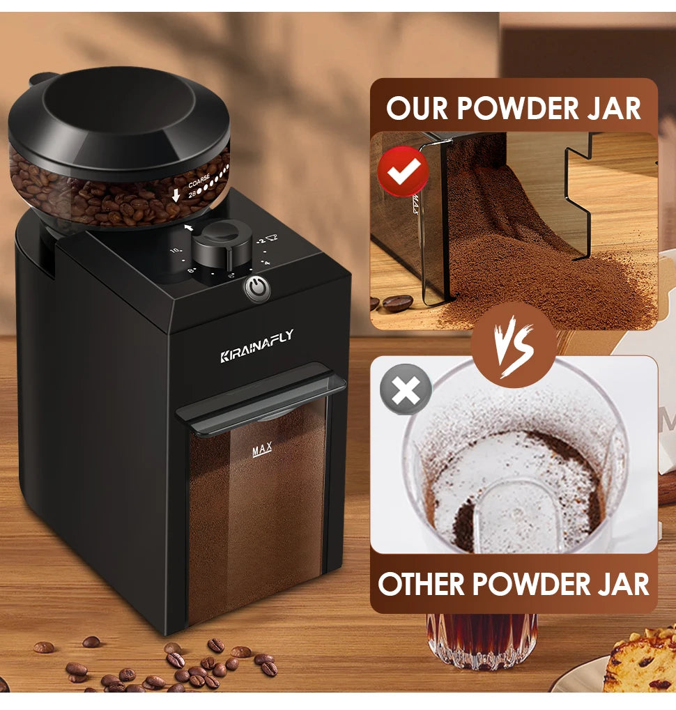 Coffee grinder with Rainfly branding on a wooden surface, showing a comparison of powder jars.