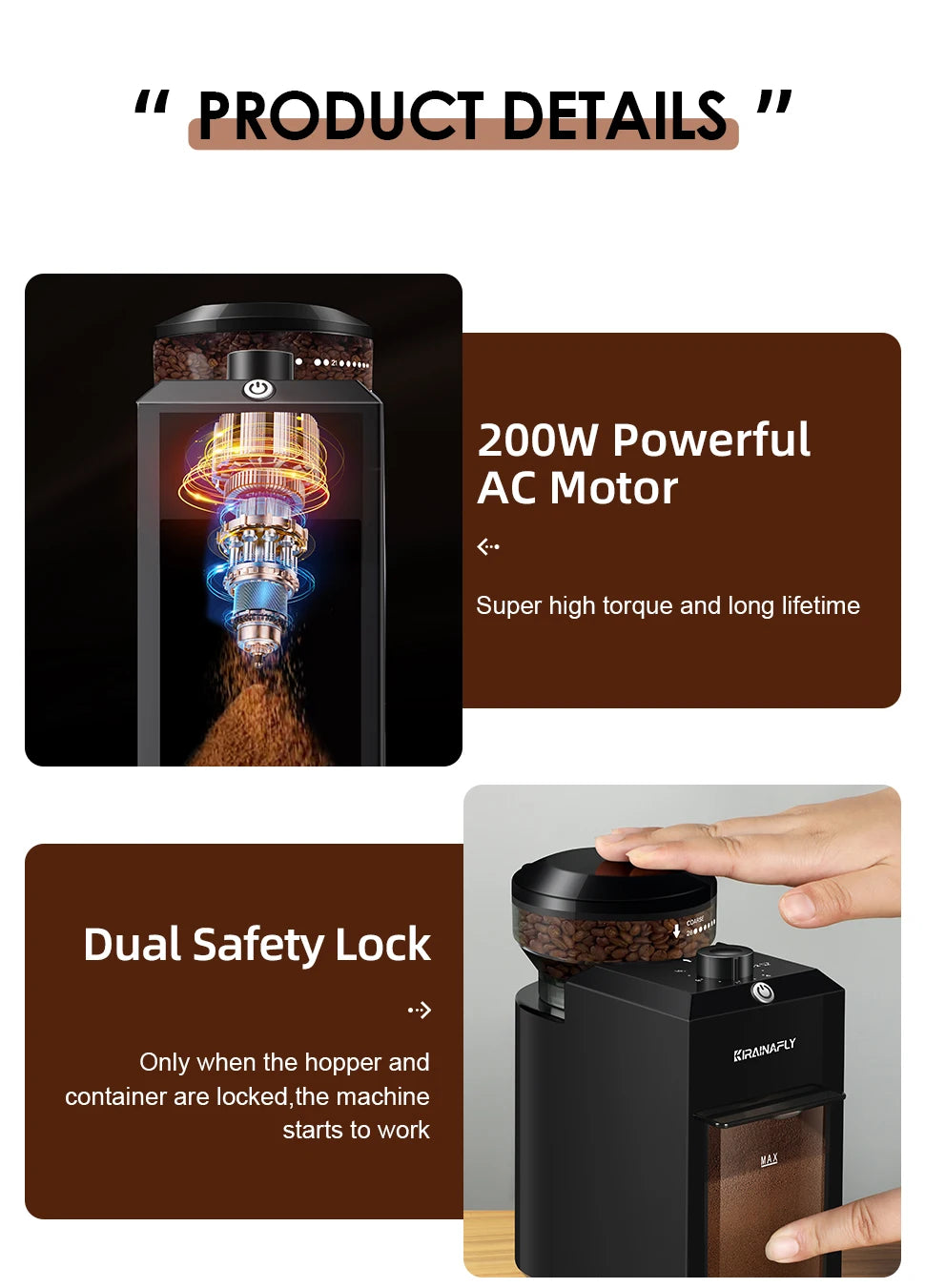 Coffee grinder with product details including 200W motor and dual safety lock on a white background.
