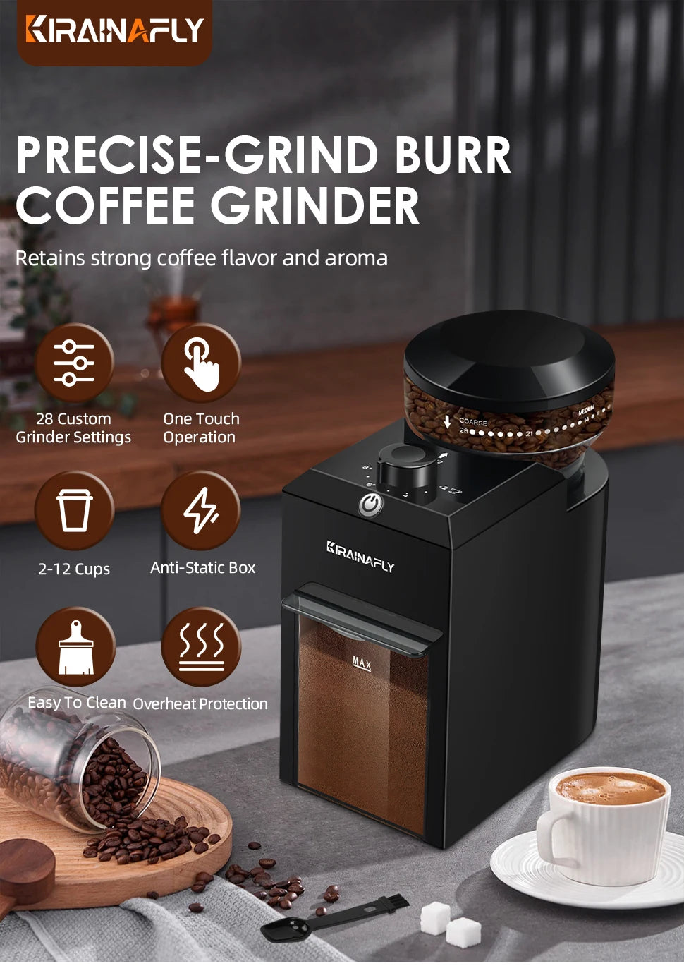 Automatic Burr Coffee Grinder – 28 Adjustable Settings for Espresso, French Press & Drip