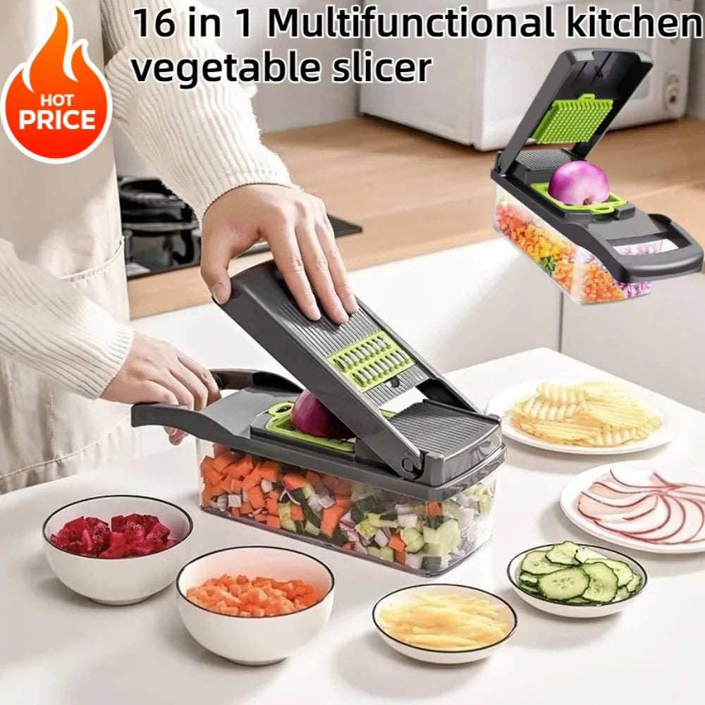 16-in-1 Vegetable Chopper, Slicer, Dicer & Grater with Container & Safety Guard